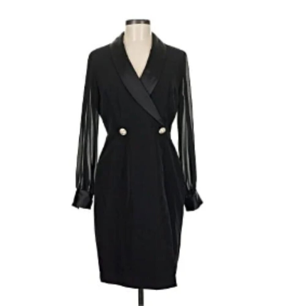 Tahari Chiffon Sleeve Blazer Tuxedo Dress Black womens size 8